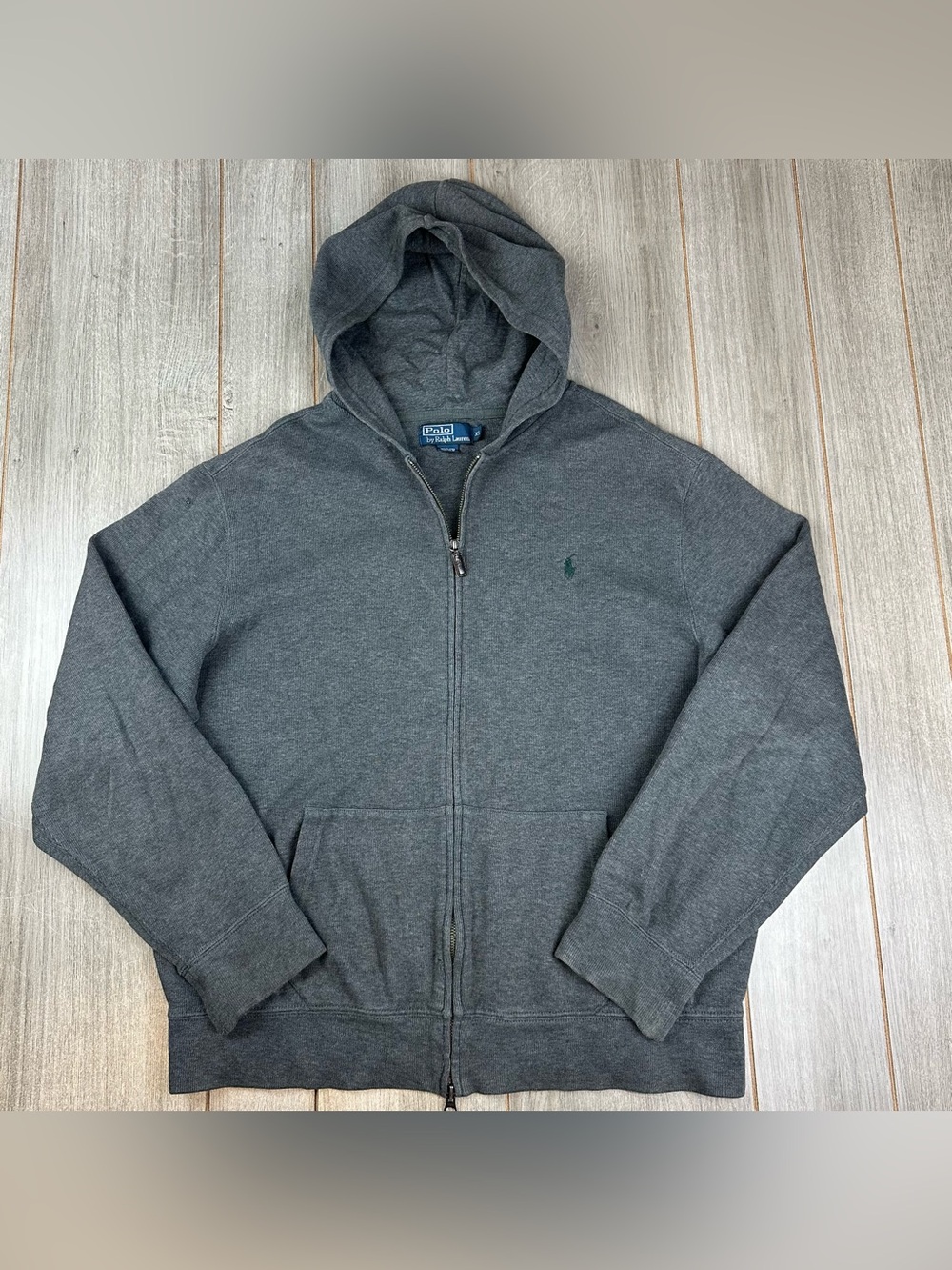 Polo Ralph Lauren Full Zip Hoodie Men’s XL Gray W/ Green Pony Rib Cotton *flaws
